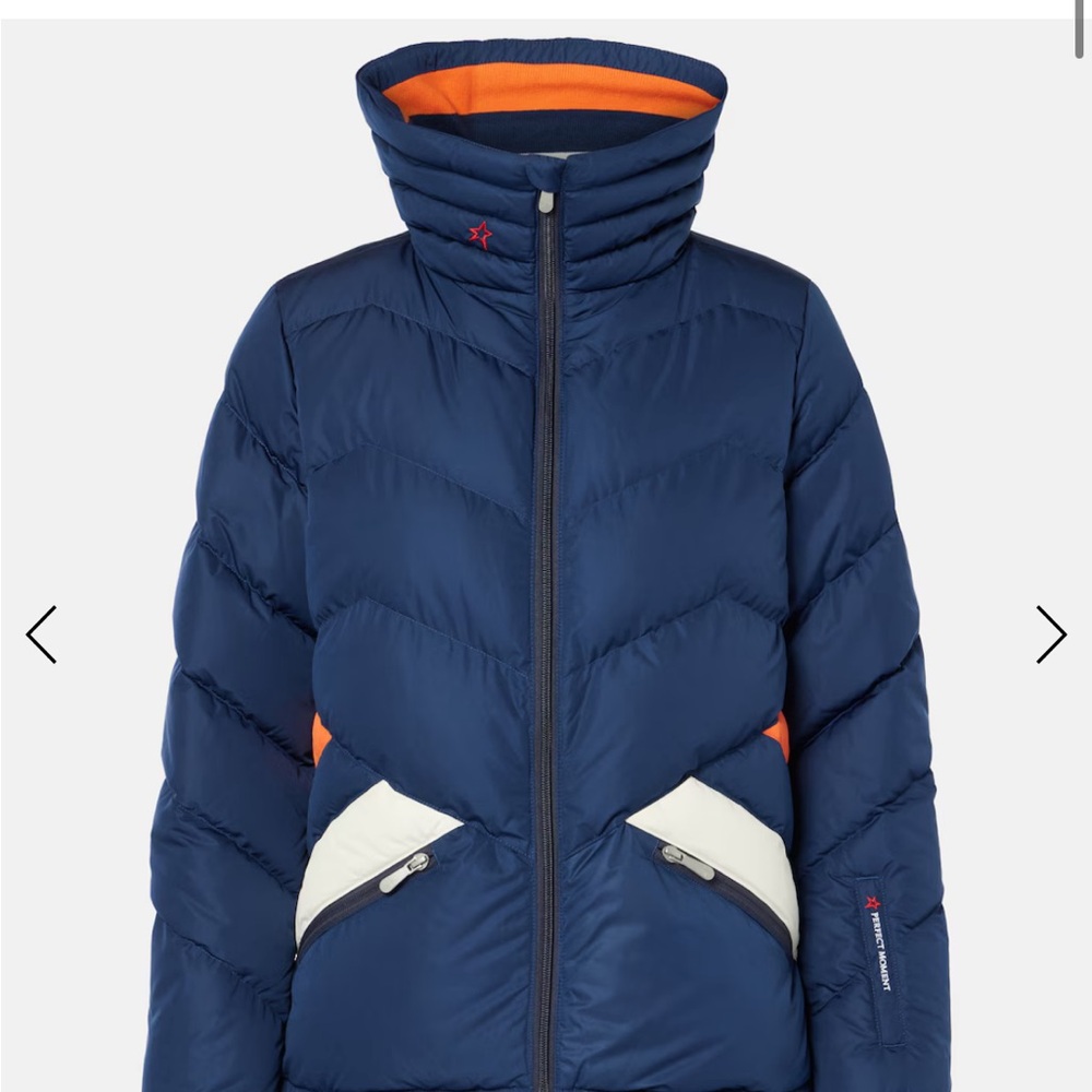 Perfect Moment Blue Ski Jacket with High Collar and Chevron Pattern